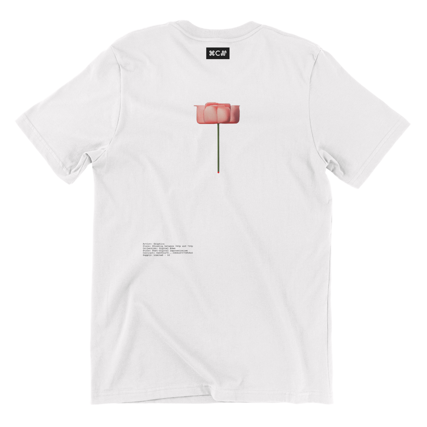 Graphica Blooming between 360p back piece on a streetwear tshirt showing a pink rose in a contemporary look.