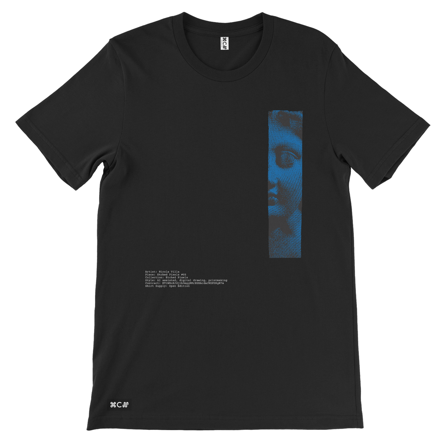 Nicola Villa black tshirt with museum stature from greek or roman days in blue. Digital artwork with fashion marble pattern on back and front by the brand COPYPASTA