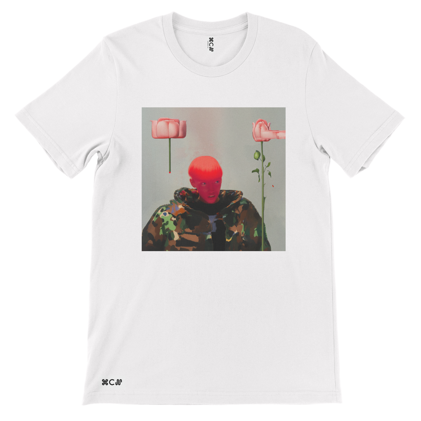 Graphica Blooming between 360p piece showing a man with a red head and a camo or camoflauge and 2 pink roses in a contemporary look. Very abstract for streetwear tshirt