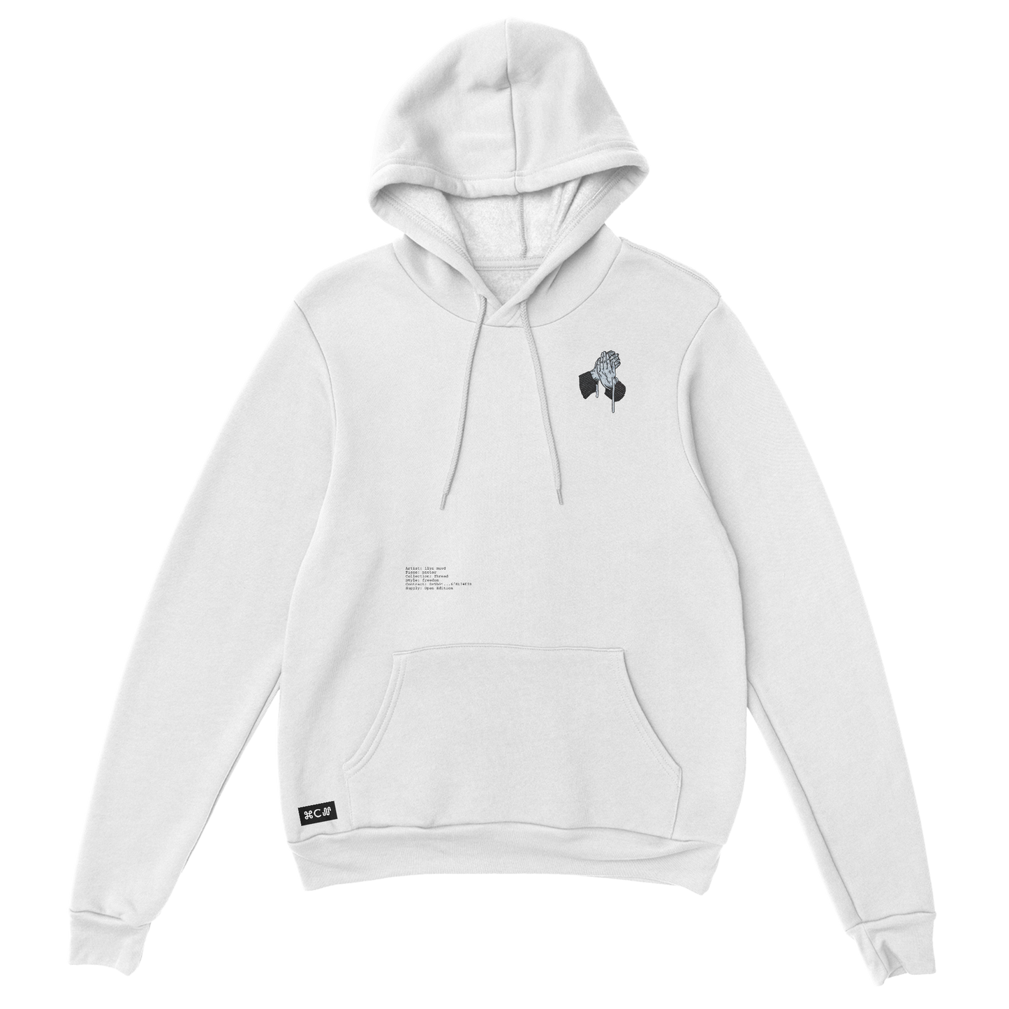 ilya muvd white hoodie showing the hands of a figure praying. Using embroidery design in a modern contemporary way with fashion.