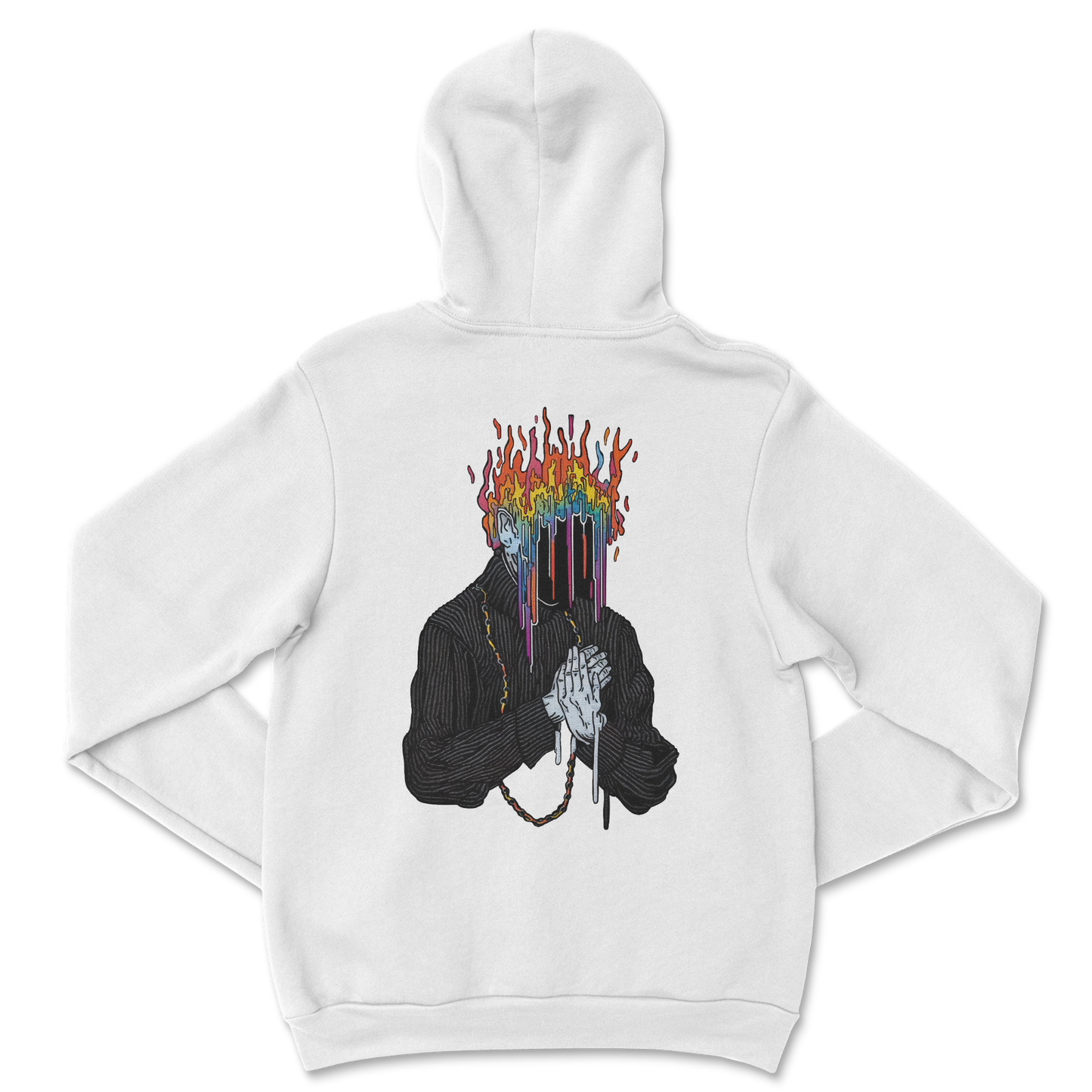 ilya muvd essential white hoodie showing a priest with a fire or flames on its head praying. Using embroidery design in a modern contemporary way with fashion.