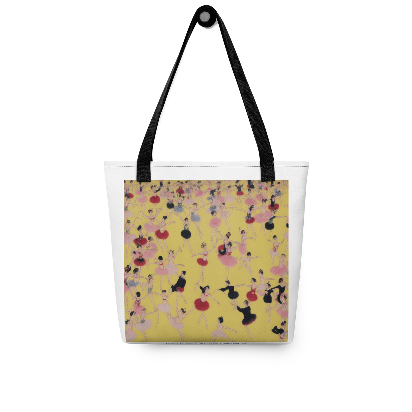 White and Yellow Designer Tote depicting ballerinas in a contemporary scene. Red and Black handle fashion tote from COPYPASTA