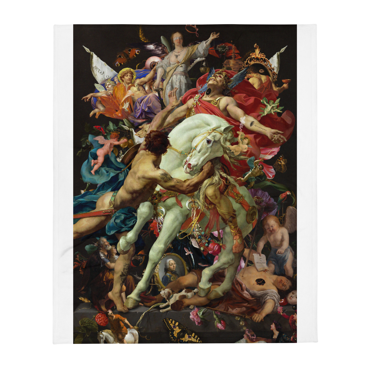 1dontknows final judggement throw blanket piece by COPYPASTA. This blanket is premium quality and full of colors. Red Blue Yellow Orange with classical theme and surrealism.
