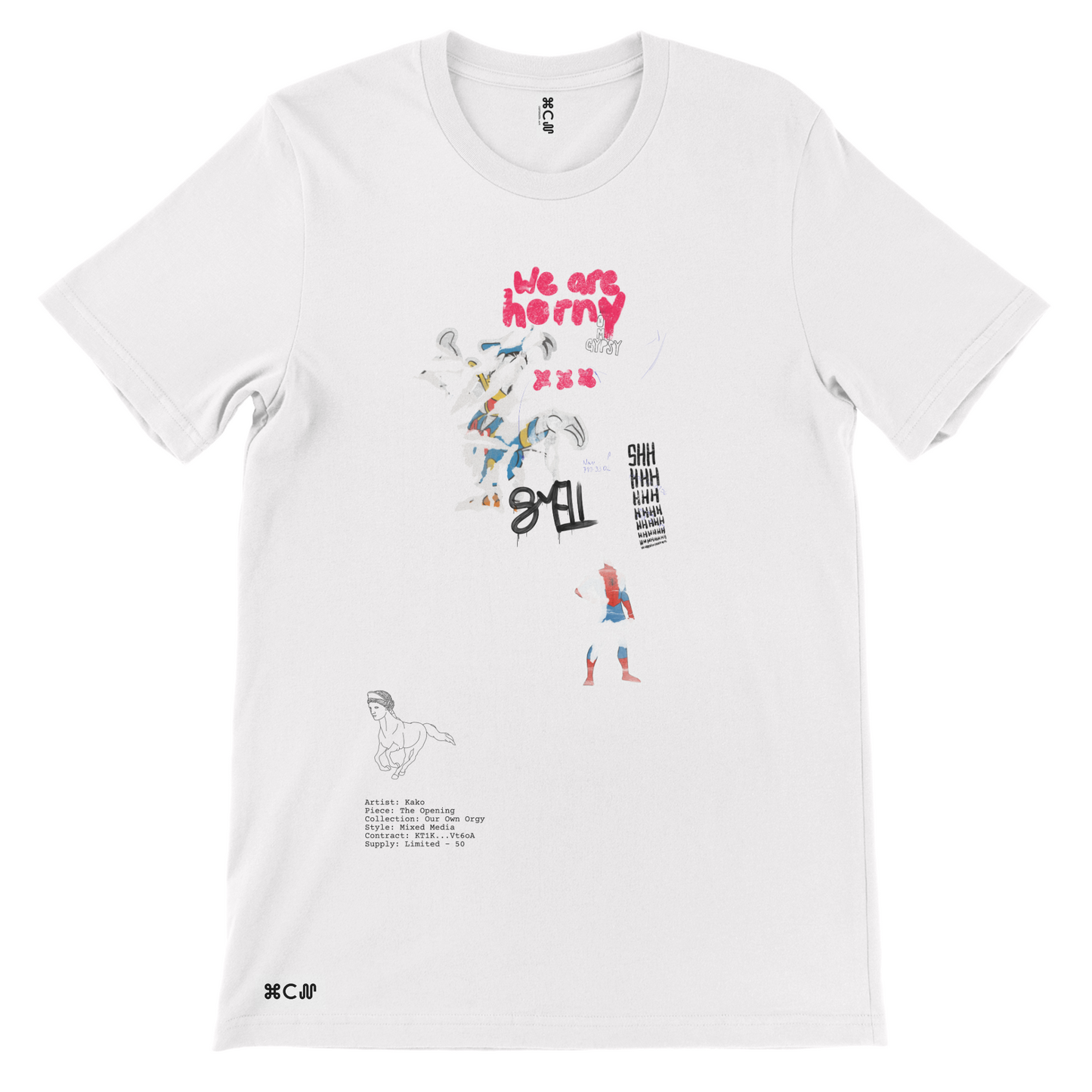 Kako The Opening tshirt in white. Showing pieces of spiderman, donald duck, a horse head and horny motifs. Emotional art in fashion by COPYPASTA