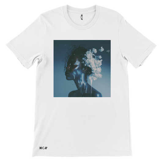 Polza Oblivion artwork on a white tshirt that is abstract and blue in color with white flowers for a fashion brand, COPYPASTA