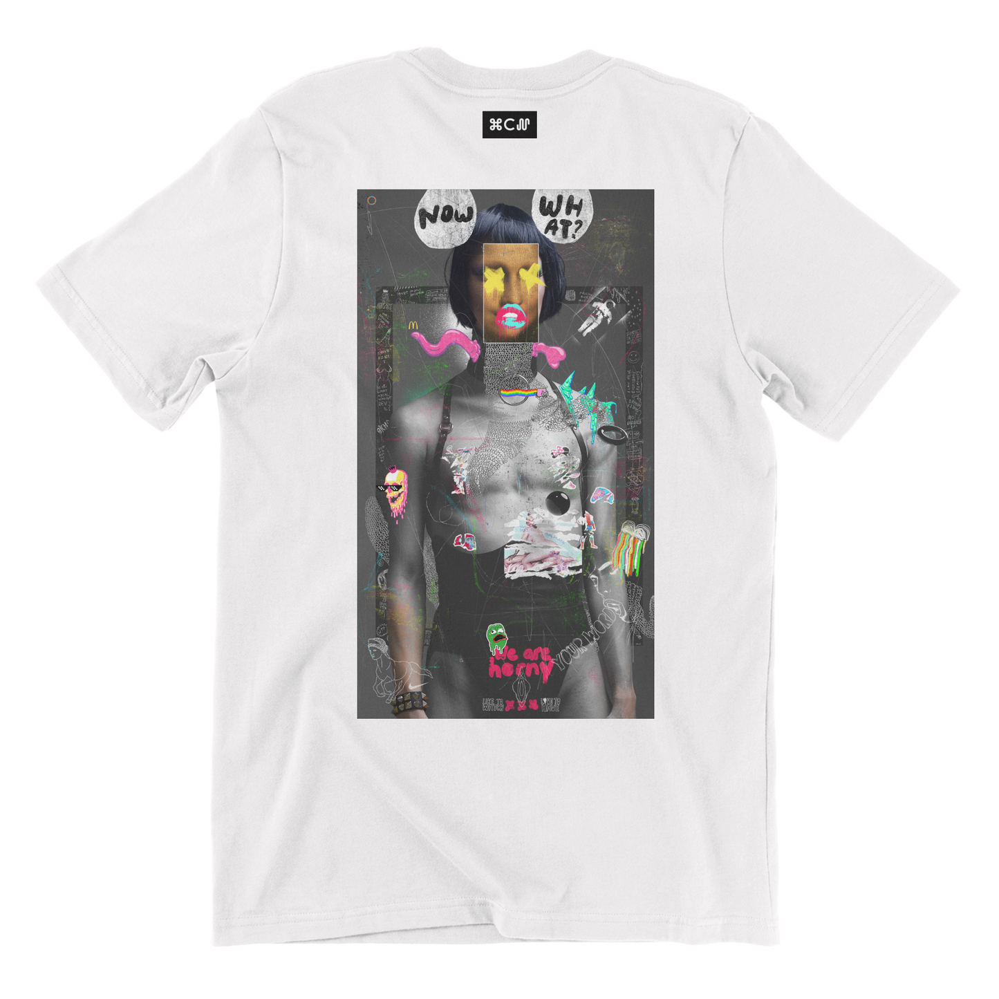 Kako The Opening back of t shirt in white. Showing a figure with a frog head, an astronaut, a skull with glasses, mcdonalds logo, and a large man with a wowmen girdle on. Emotional art and fashion piece on attire by COPYPASTA