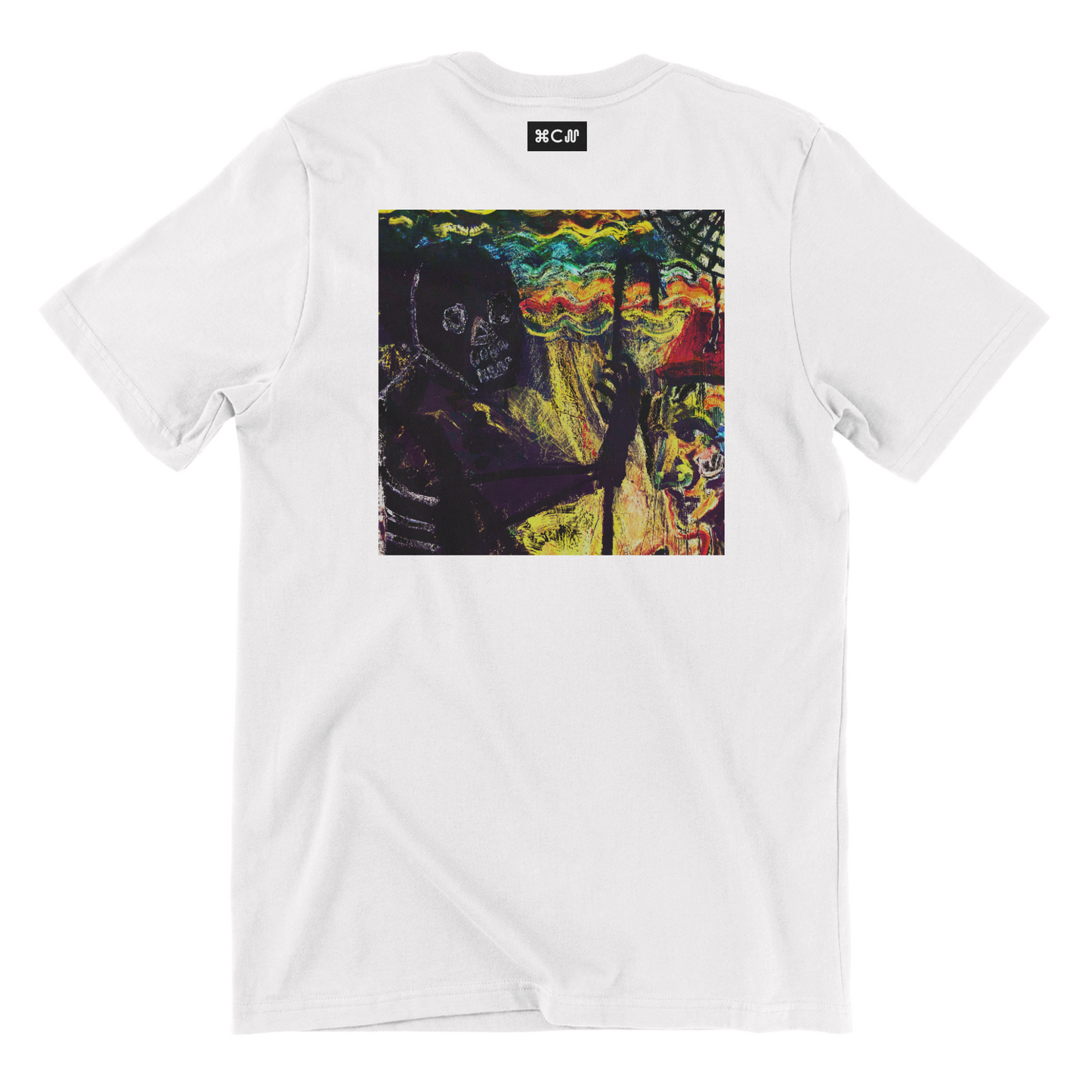 LOVEBEING piece Navigating First Flame white tshirt in a contemporary look with artistic fashion on both front and back and showing heads and a figure in yellow red black and white. Mixed media showing skull figure with a staff around fire by COPYPASTA