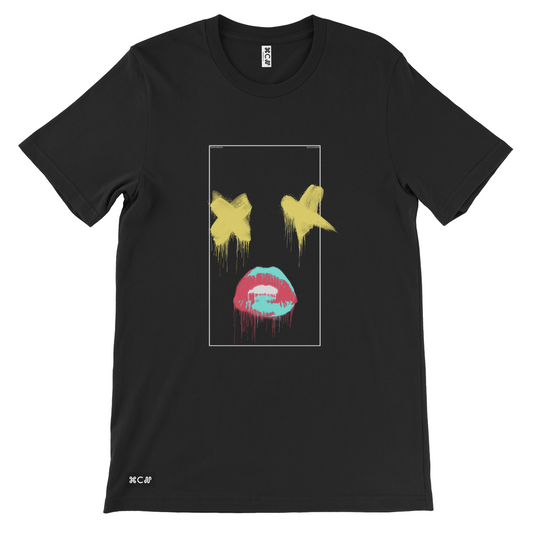 Kako The Door piece on a black tshirt showing 2 yellow x's and lips and a mouth as a high fashion contemporary look by COPYPASTA