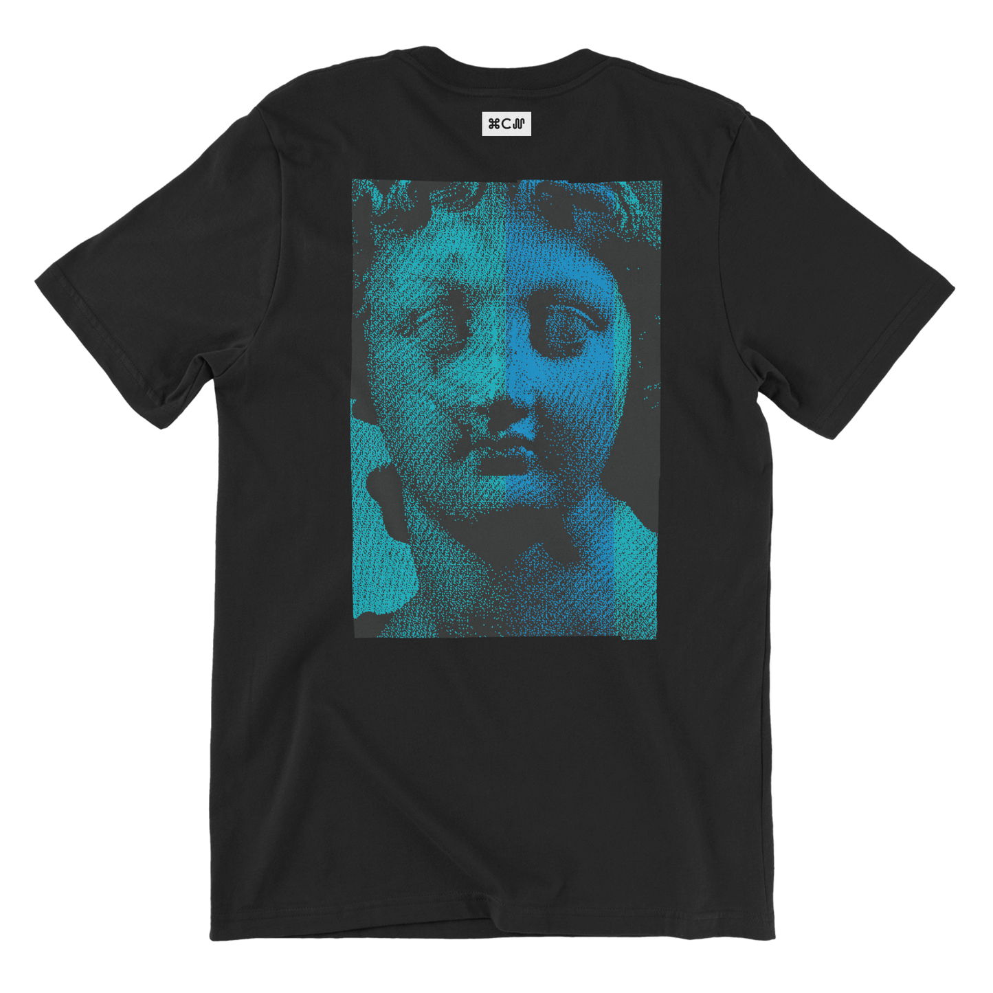 Nicola Villa black tshirt with museum figure from greek or roman days in blue. Digital green and blue artwork with fashion marble pattern by the brand COPYPASTA