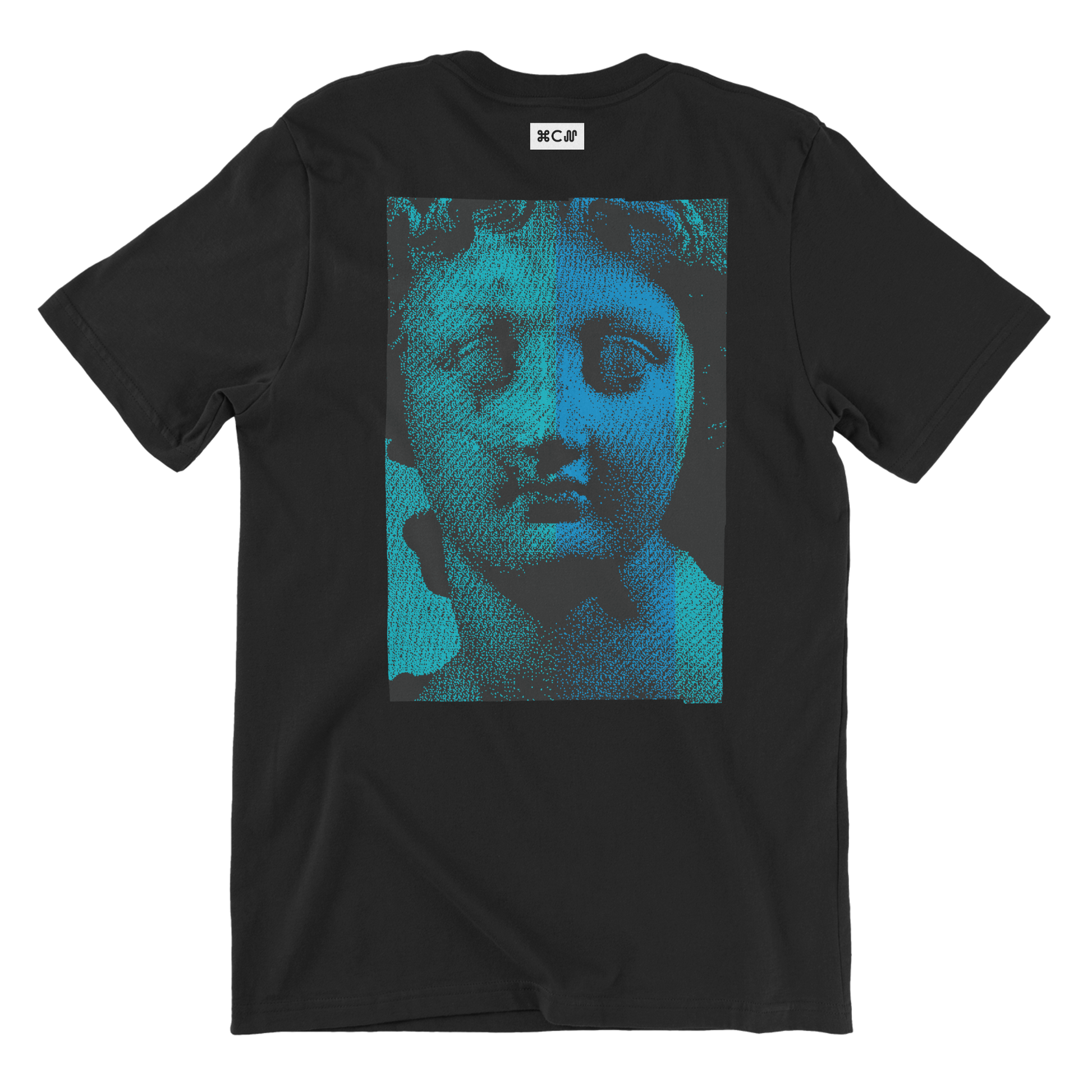 Nicola Villa black tshirt with museum figure from greek or roman days in blue. Digital green and blue artwork with fashion marble pattern by the brand COPYPASTA