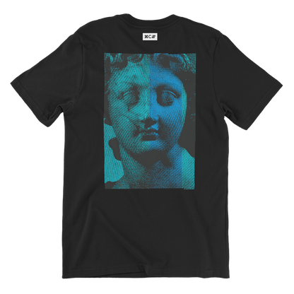 Nicola Villa black tshirt with museum figure from greek or roman days in blue. Digital green and blue artwork with fashion marble pattern by the brand COPYPASTA