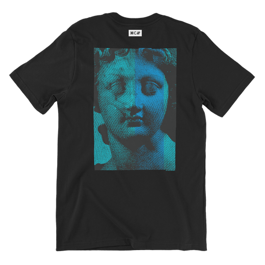 Nicola Villa black tshirt with museum figure from greek or roman days in blue. Digital green and blue artwork with fashion marble pattern by the brand COPYPASTA