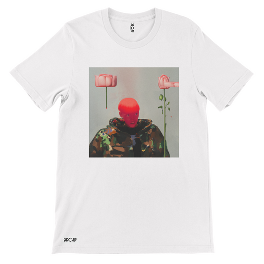 Graphica Blooming between 360p piece showing a man with a red head and a camo or camoflauge and 2 pink roses in a contemporary look. Very abstract for streetwear tshirt 