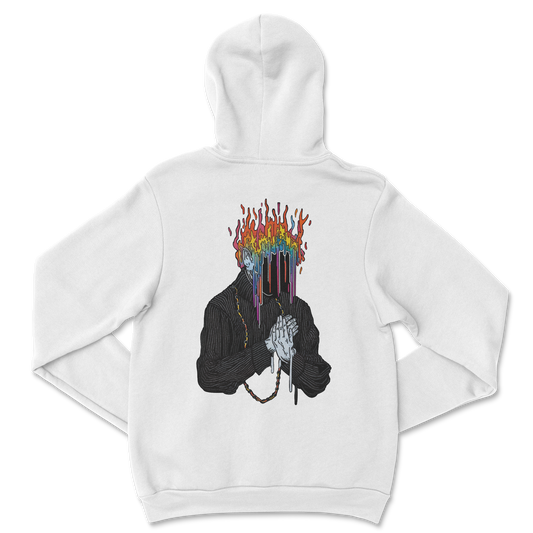 ilya muvd essential white hoodie showing a priest with a fire or flames on its head praying. Using embroidery design in a modern contemporary way with fashion. 