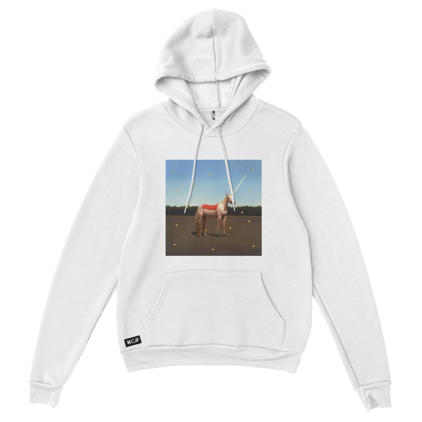 Unicorn white essential hoodie sweatshirt by Graphica in blue red yellow and white for a contemporary look by COPYPASTA