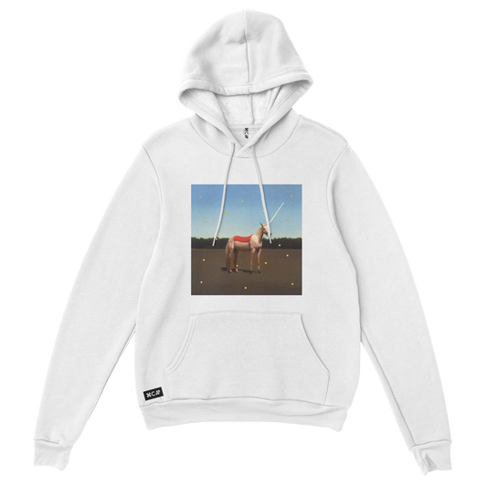 Unicorn white essential hoodie sweatshirt by Graphica in blue red yellow and white for a contemporary look by COPYPASTA