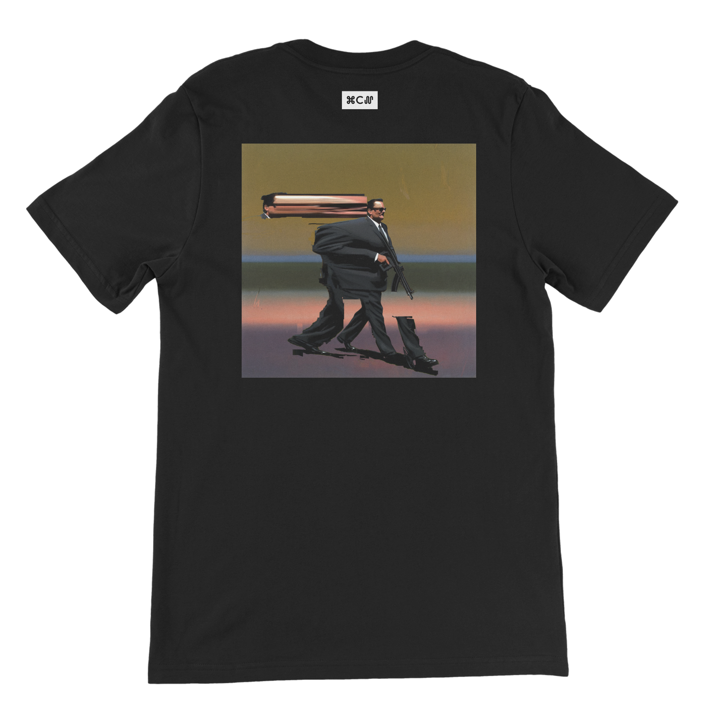 Graphica's Caterpillar black tshirt showing a man with glasses and a machine gun in a glitch or abstract way. Contemporary art and fashion streetwear by COPYPASTA