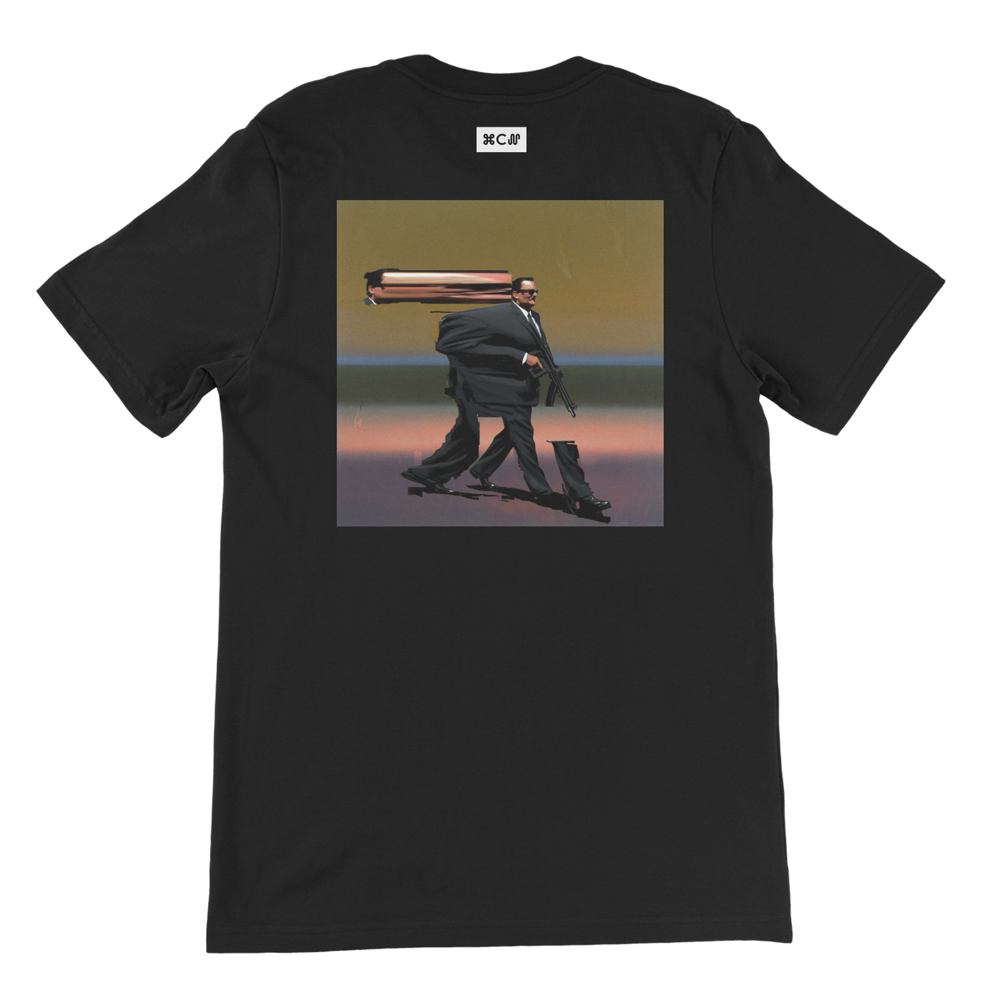 Graphica's Caterpillar black tshirt showing a man with glasses and a machine gun in a glitch or abstract way. Contemporary art and fashion streetwear by COPYPASTA