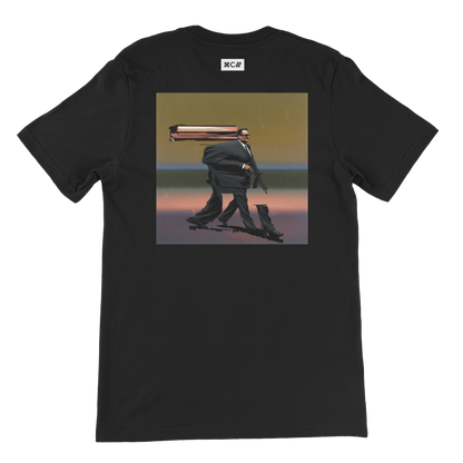 Graphica's Caterpillar black tshirt showing a man with glasses and a machine gun in a glitch or abstract way. Contemporary art and fashion streetwear by COPYPASTA