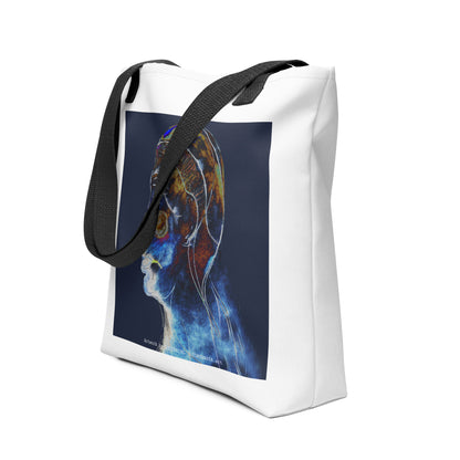 LOVEBEING Marcel Marceau high fashion white tote with black strap. Contemporary tote with an abstract figure head in blue, yellow, red and white by the brand COPYPASTA