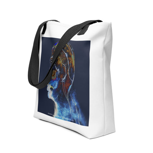 LOVEBEING Marcel Marceau high fashion white tote with black strap. Contemporary tote with an abstract figure head in blue, yellow, red and white by the brand COPYPASTA