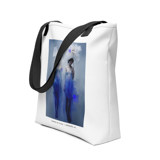 Polza abstract contemporary piece for a white large tote with blue and black colors and a flower. Abstract women and floral design with black strap by COPYPASTA