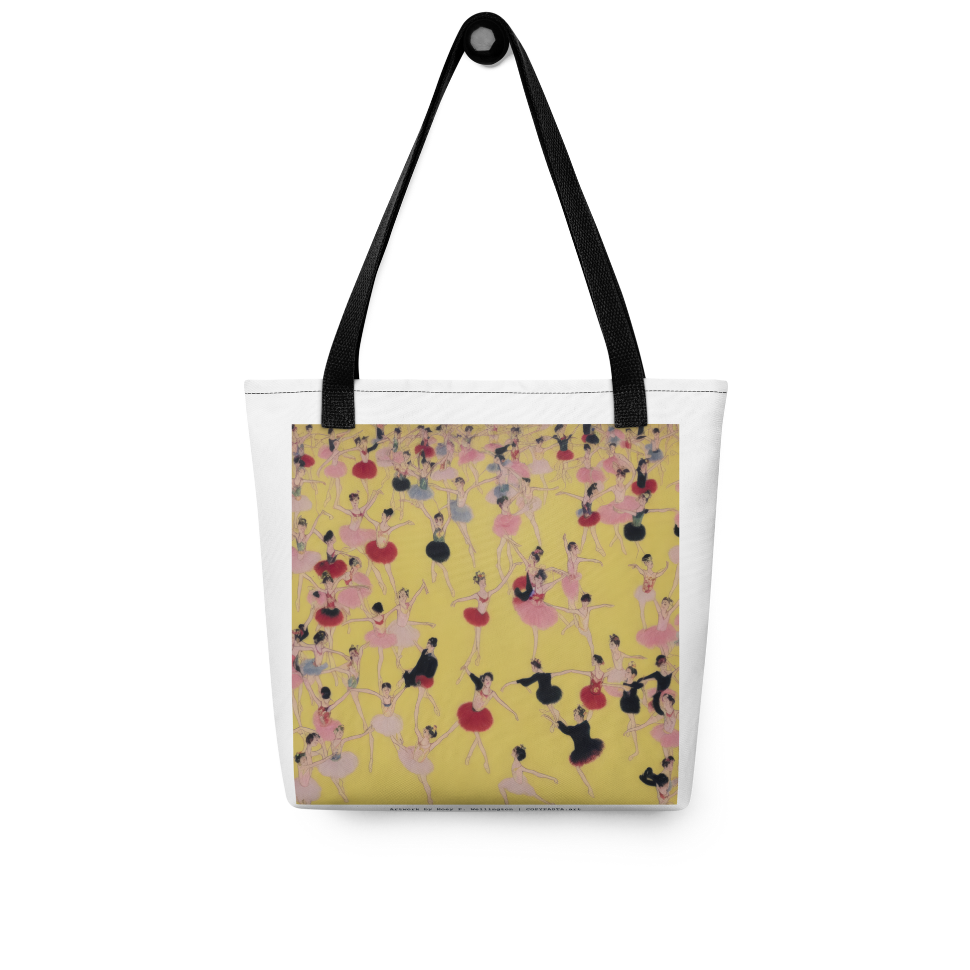 White and Yellow Designer Tote depicting ballerinas in a contemporary scene. Red and Black handle fashion tote from COPYPASTA 