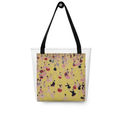 White and Yellow Designer Tote depicting ballerinas in a contemporary scene. Red and Black handle fashion tote from COPYPASTA 