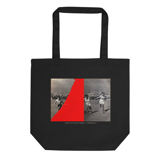 Michelle Thompson Getting there piece on a black eco tote bag. Showing people running to the water in a 50's or 60's style collage with Red and Black and White by fashion brand COPYPASTA