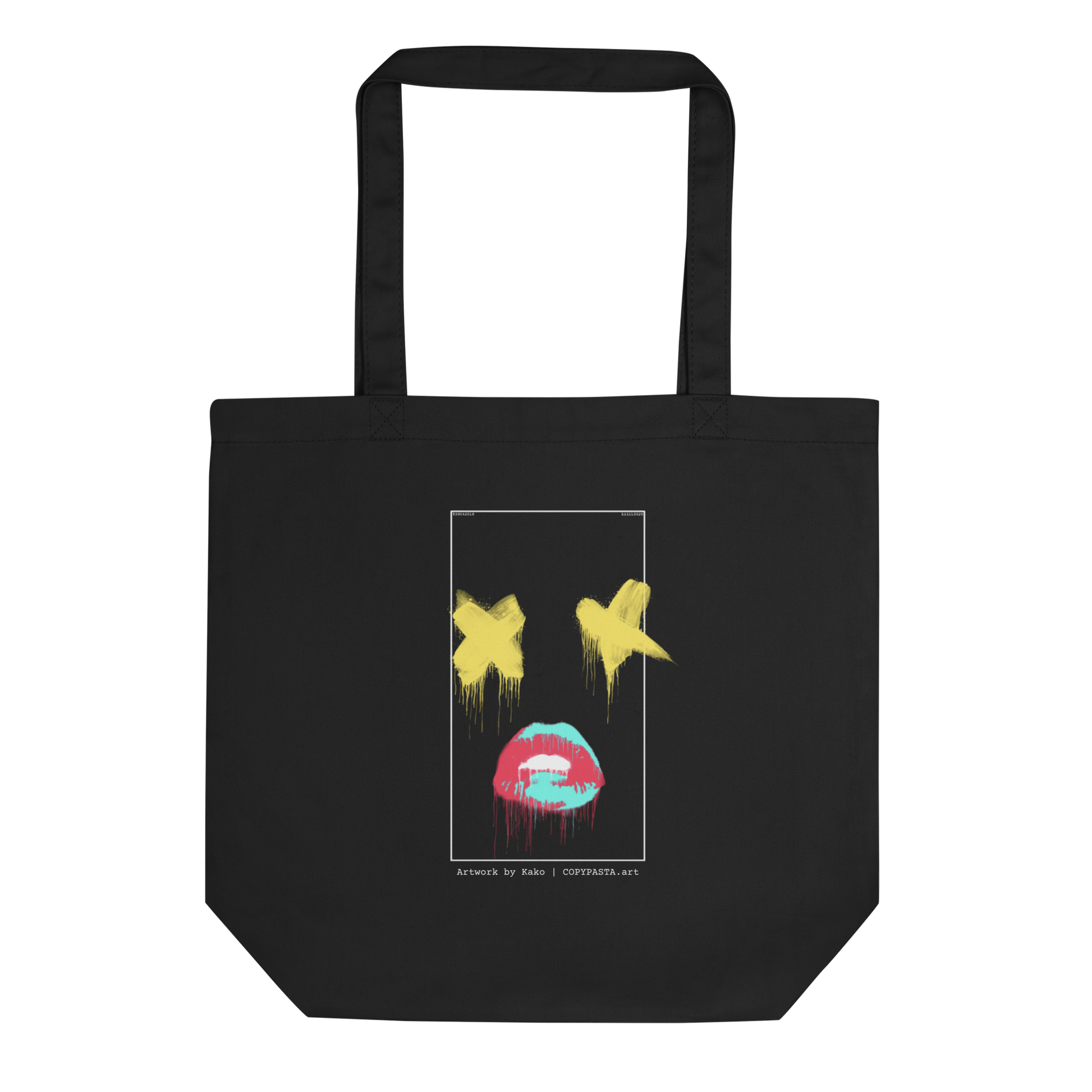 Kako the door is a glitch piece with yellow x's for eyes, a red and turquoise lips inside a square. Its a very fashionable provocative eco tote bag for high fashion with art.