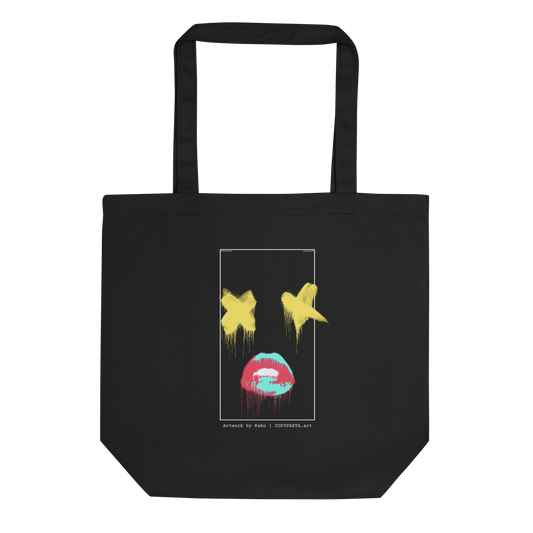 Kako the door is a glitch piece with yellow x's for eyes, a red and turquoise lips inside a square. Its a very fashionable provocative eco tote bag for high fashion with art.