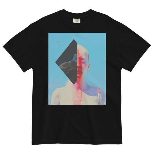 BLAC graphic tshirt on heavyweight black cotton. Surreal image of a man with a mountain with red and blue. 