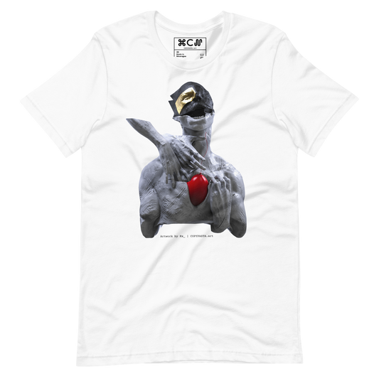 Kx Red Balloon piece showing a sculpture of a man with a red ballon heart being ripped out of him on a graphic design white tshirt